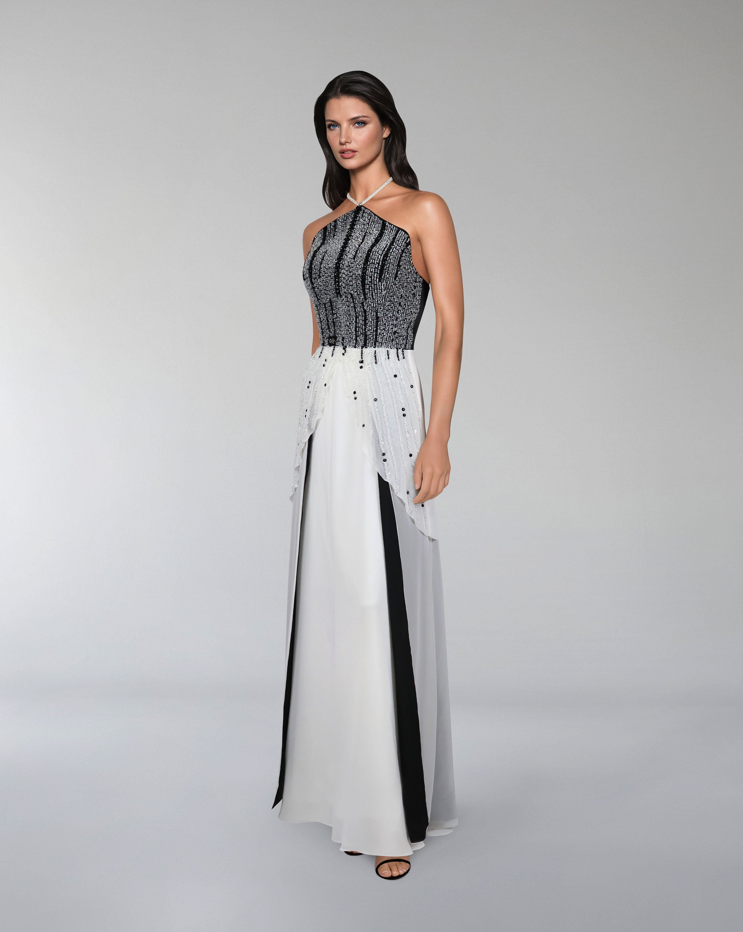 beaded dress with halter neckline and layered skirt-Reverie
