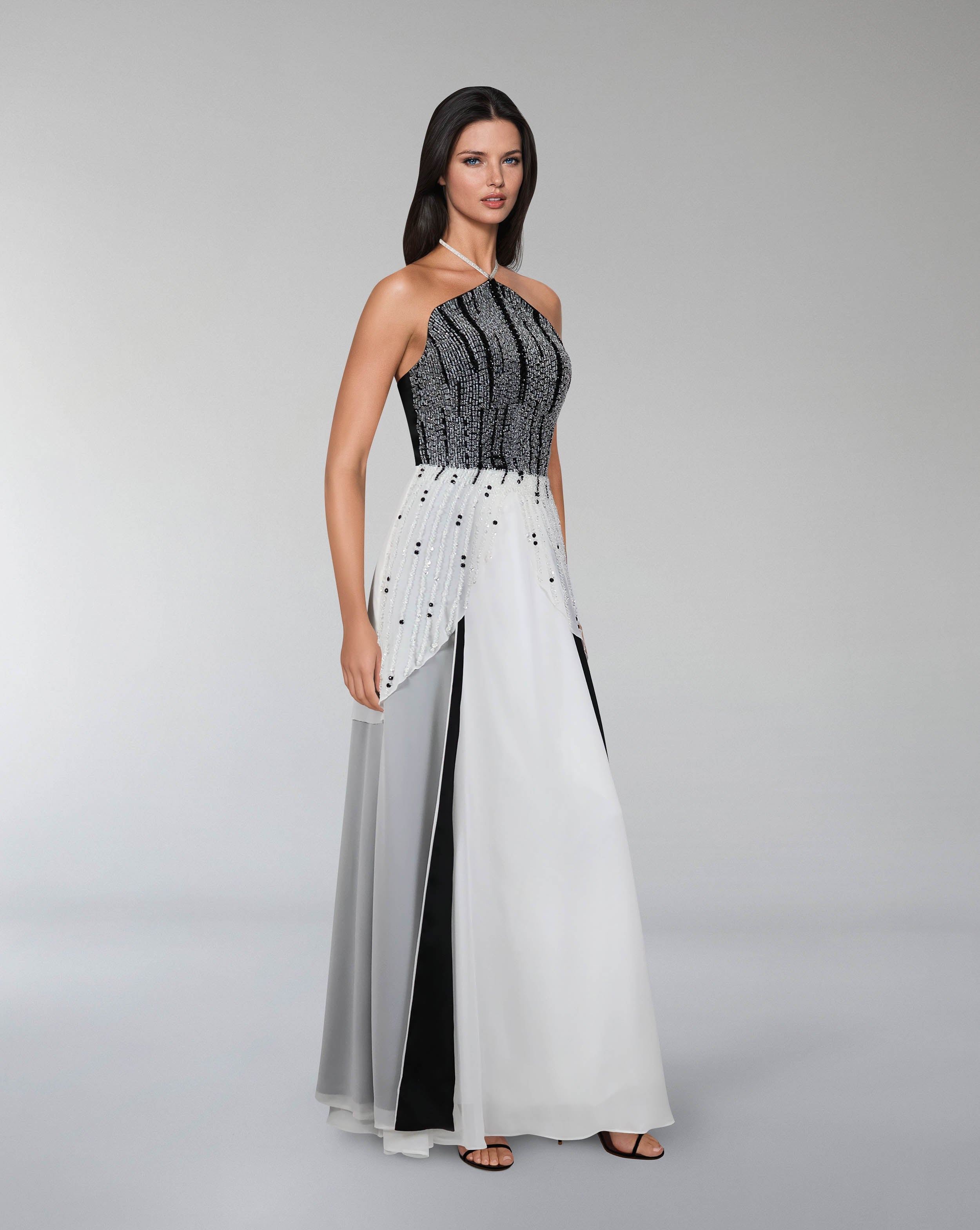 beaded dress with halter neckline and layered skirt-Reverie