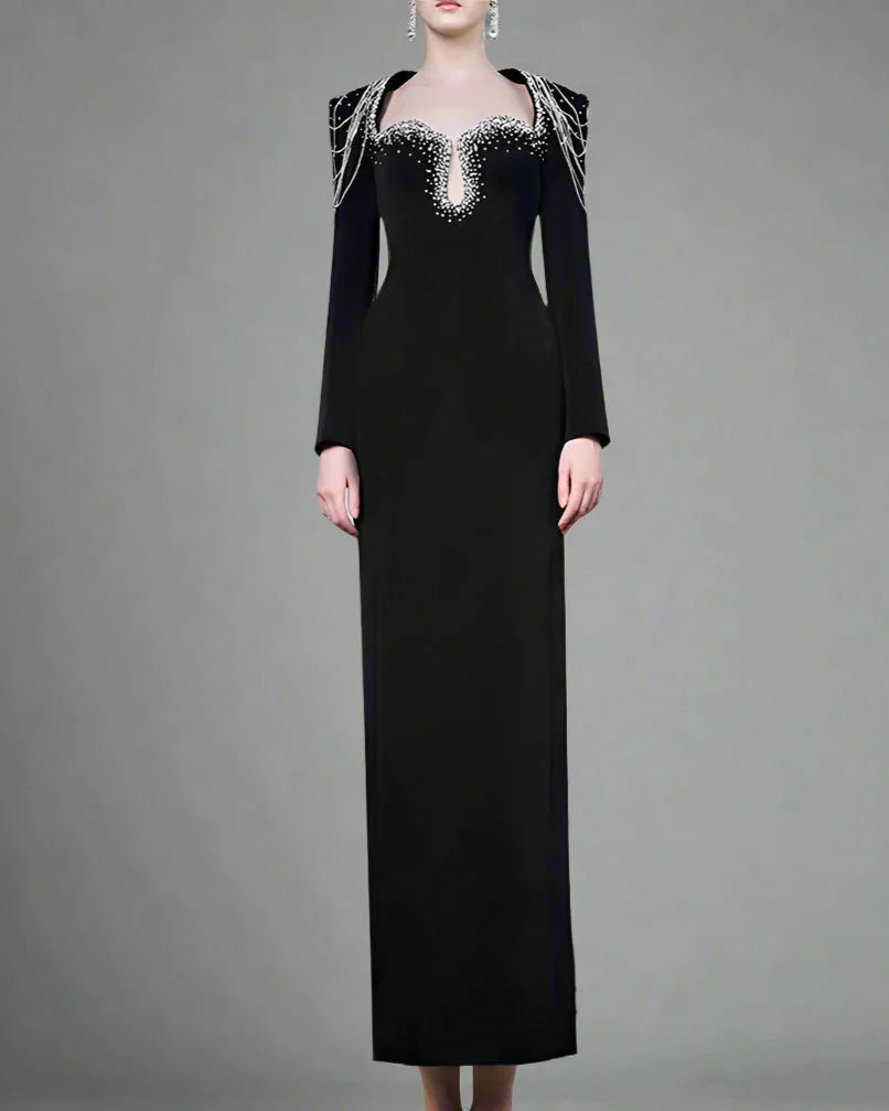 Long-Sleeve Column Dress with Beaded Shoulder Chains - ASTRA