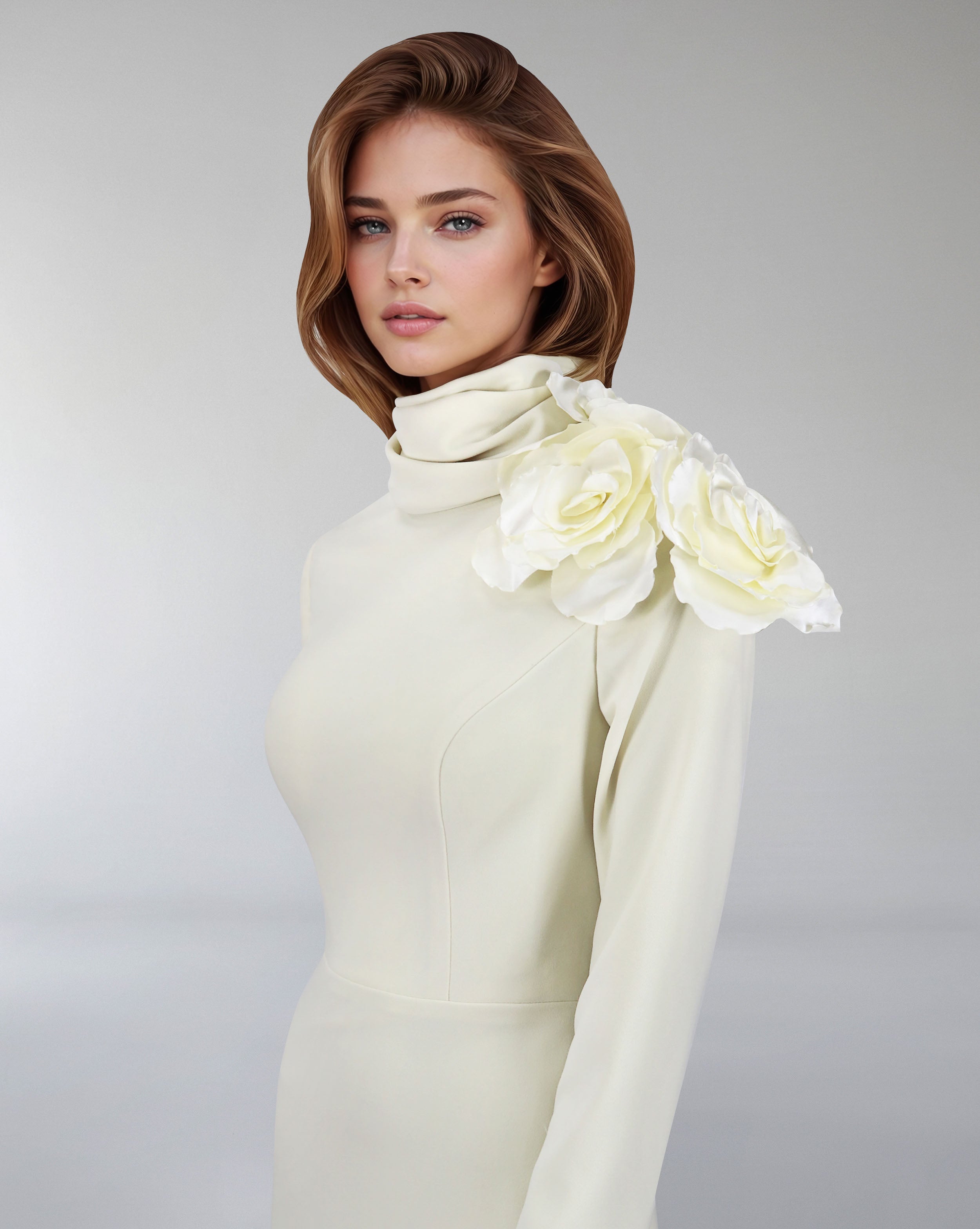 long sleeve dress with crumpled high neck and 3D flowers-Ghadah