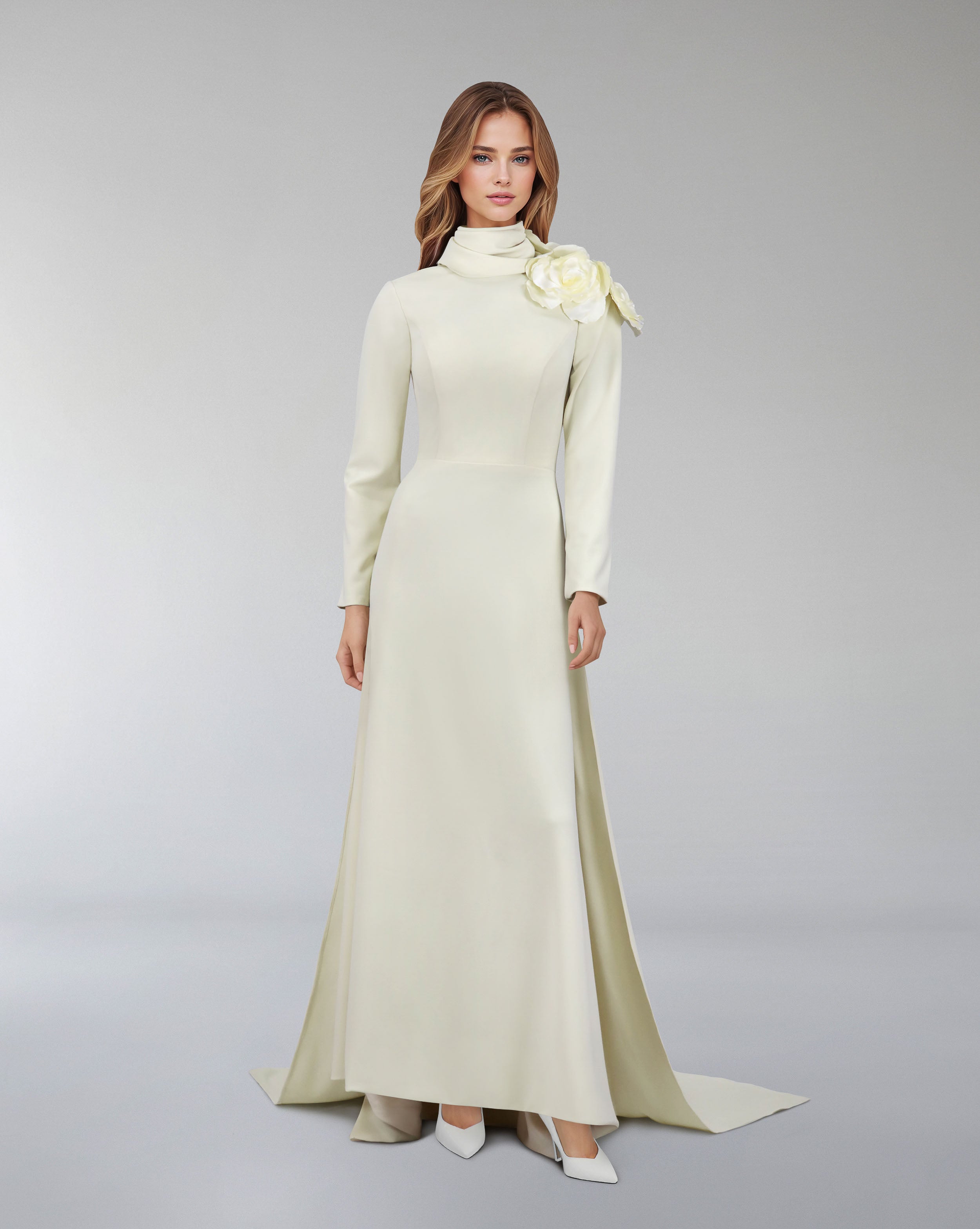 long sleeve dress with crumpled high neck and 3D flowers-Ghadah