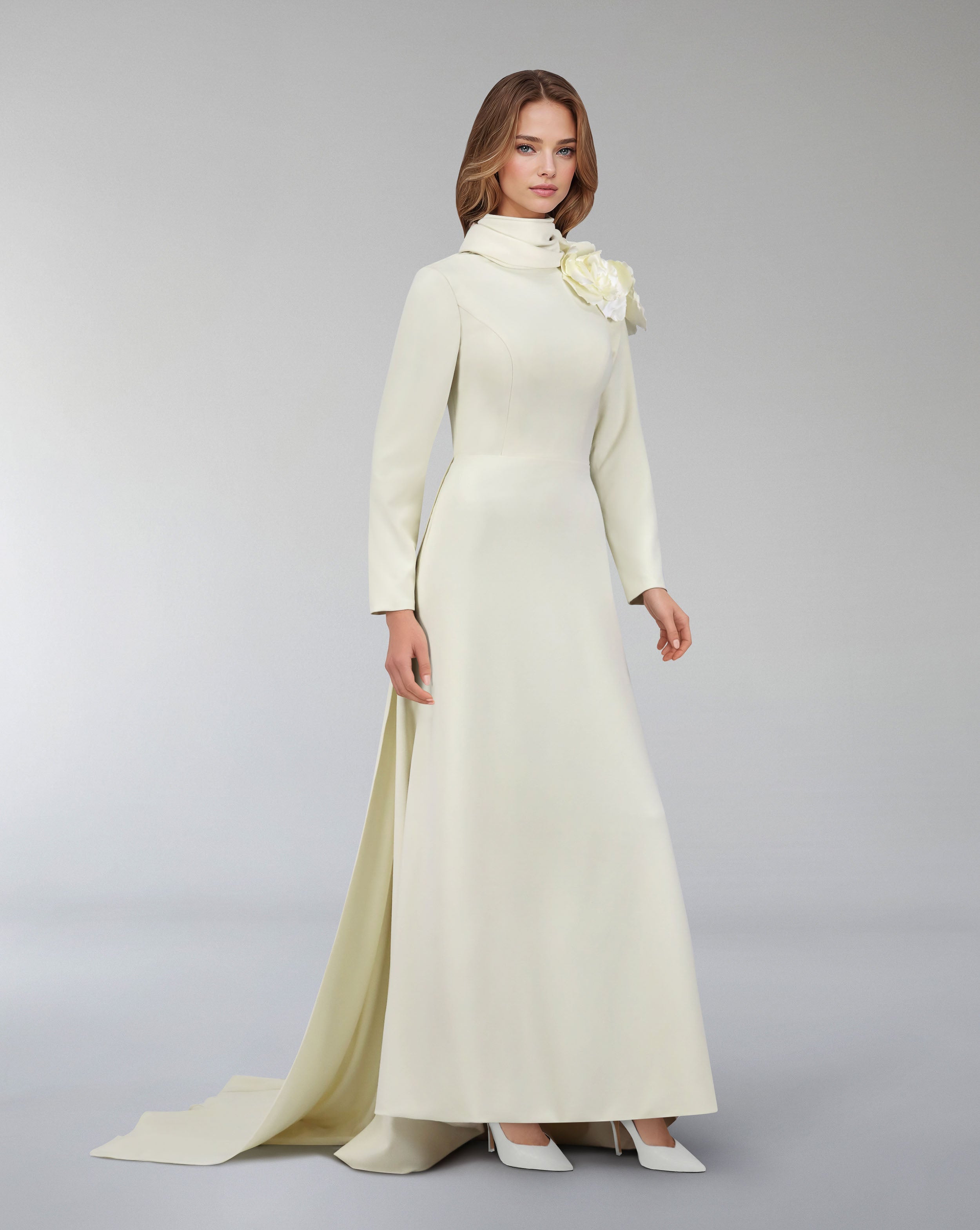 long sleeve dress with crumpled high neck and 3D flowers-Ghadah
