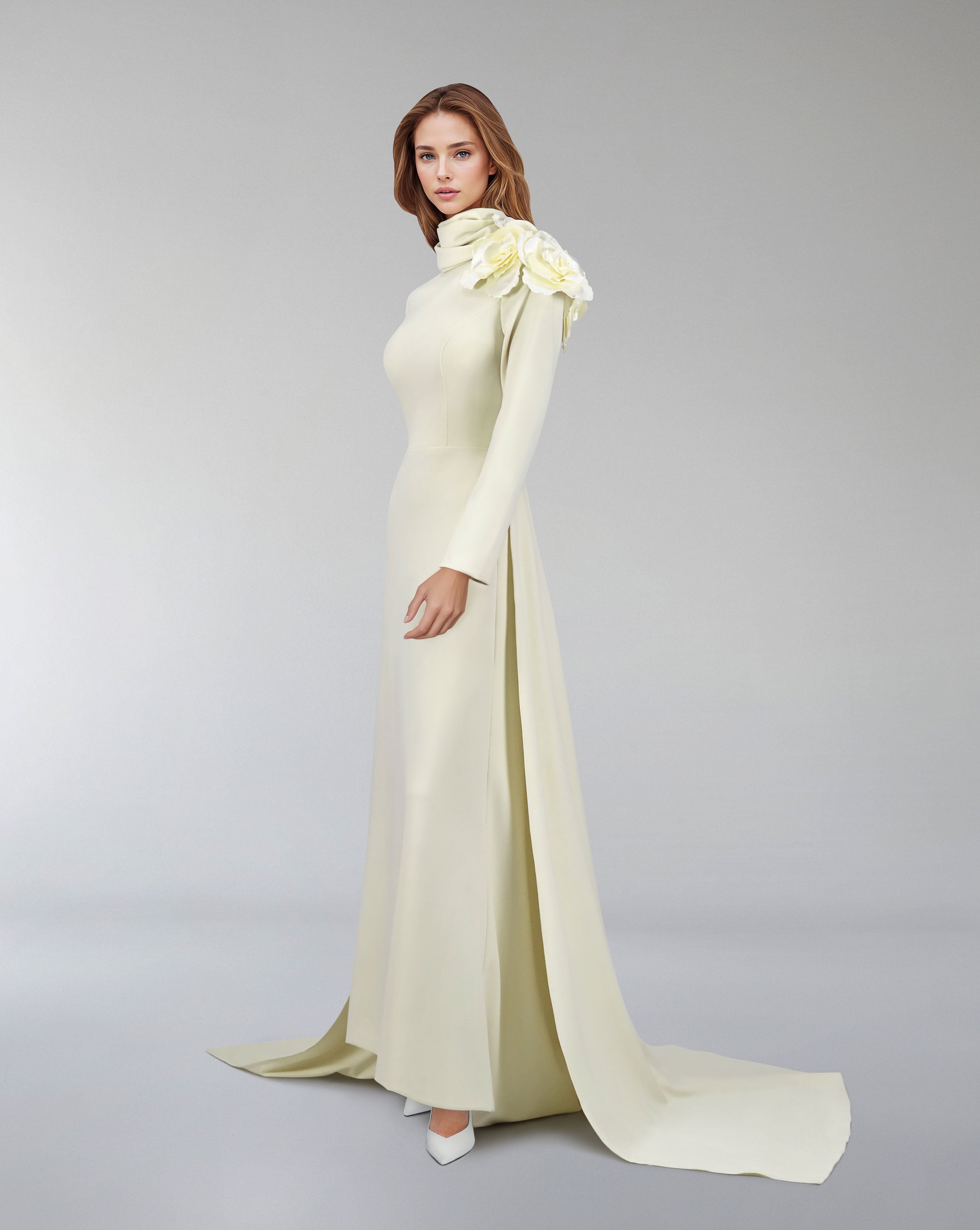 long sleeve dress with crumpled high neck and 3D flowers-Ghadah