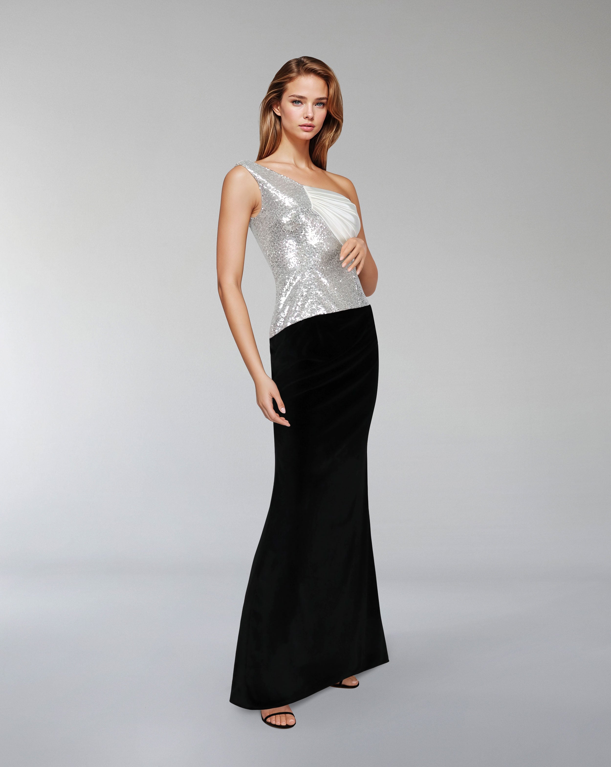Asymmetrical sequined dress with velvet skirt - ROMAL