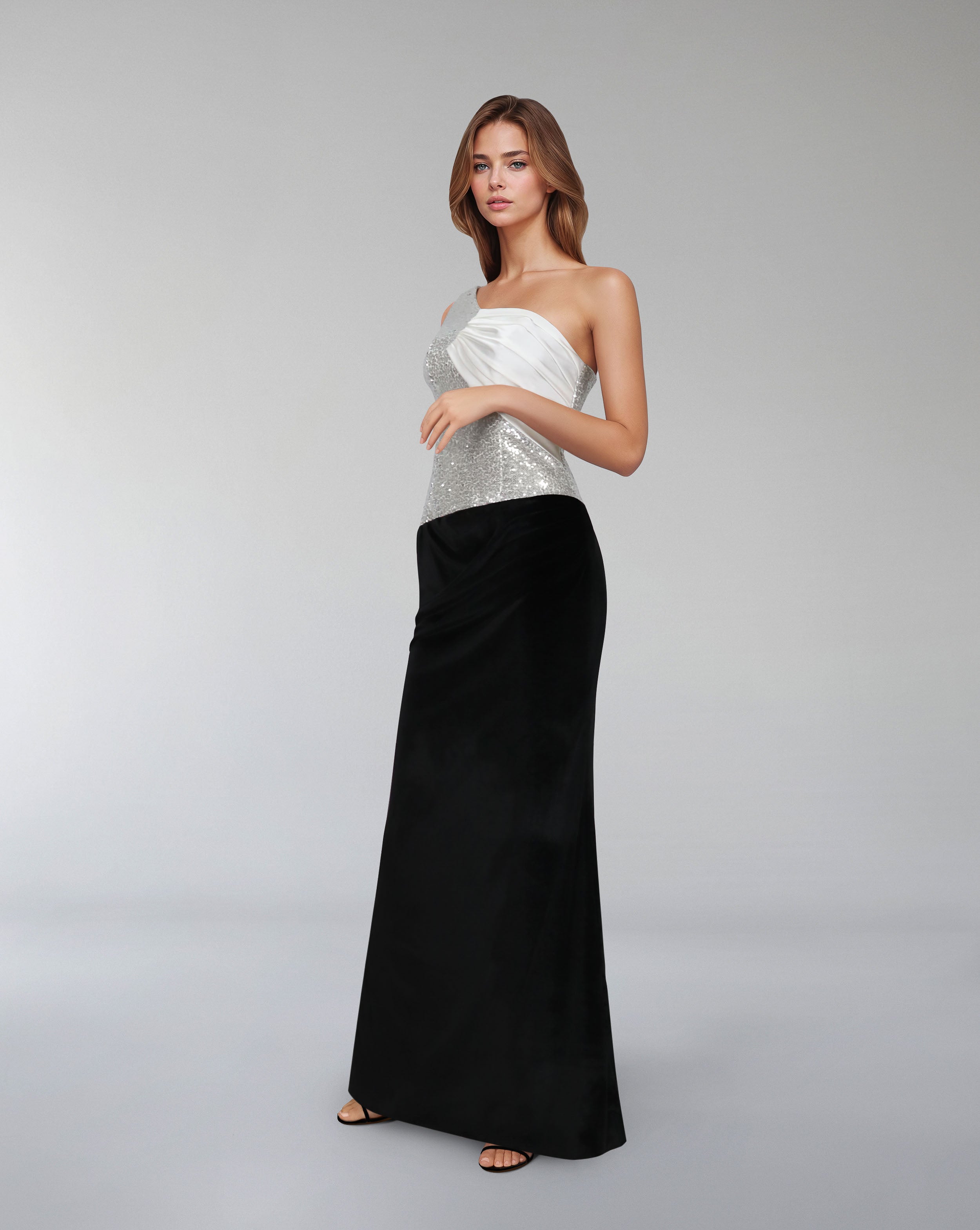 Asymmetrical sequined dress with velvet skirt - ROMAL