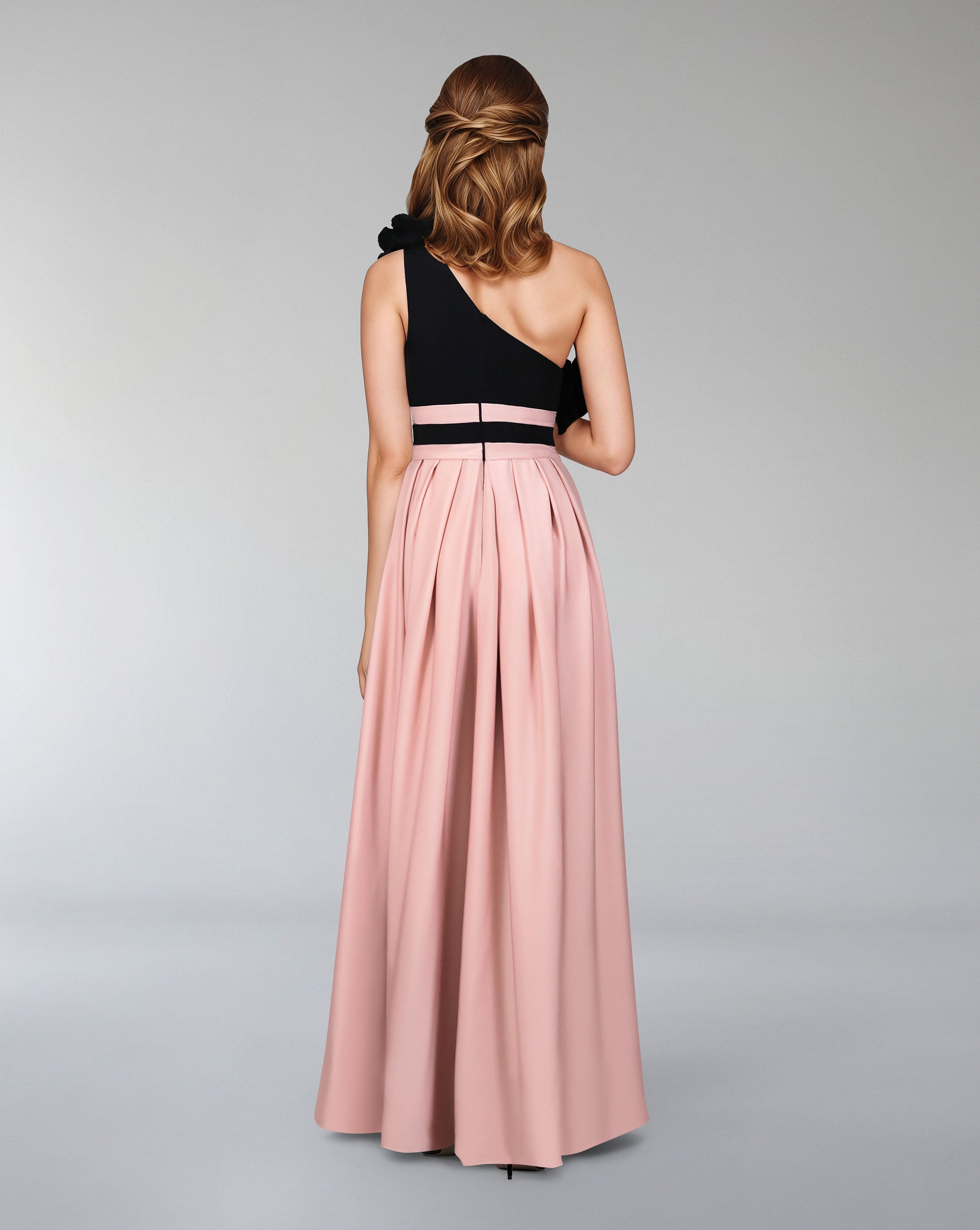 Shoulder off bicolour dress with 3D flowers - MALLEN
