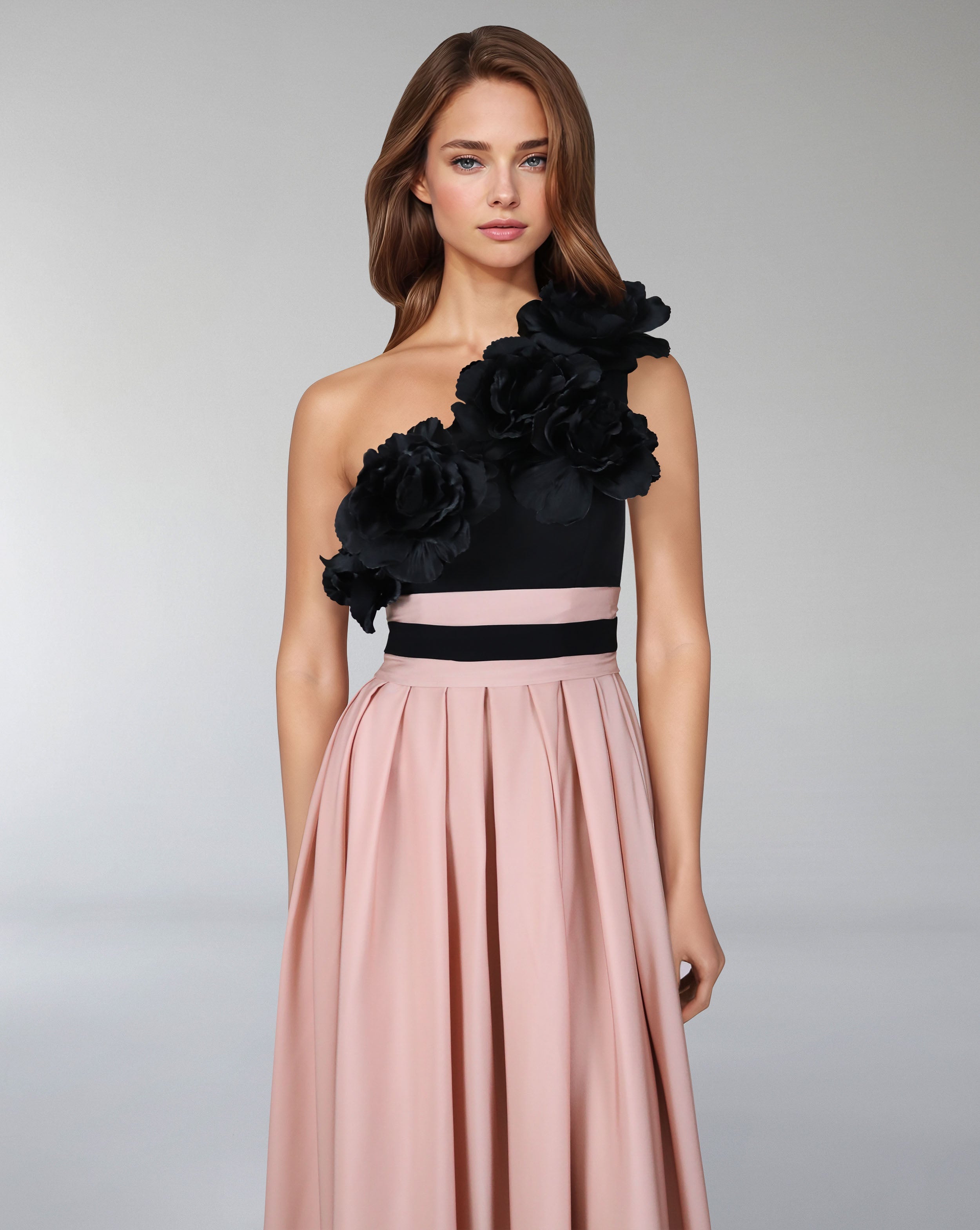 Shoulder off bicolour dress with 3D flowers - MALLEN