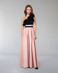 Shoulder off bicolour dress with 3D flowers - MALLEN