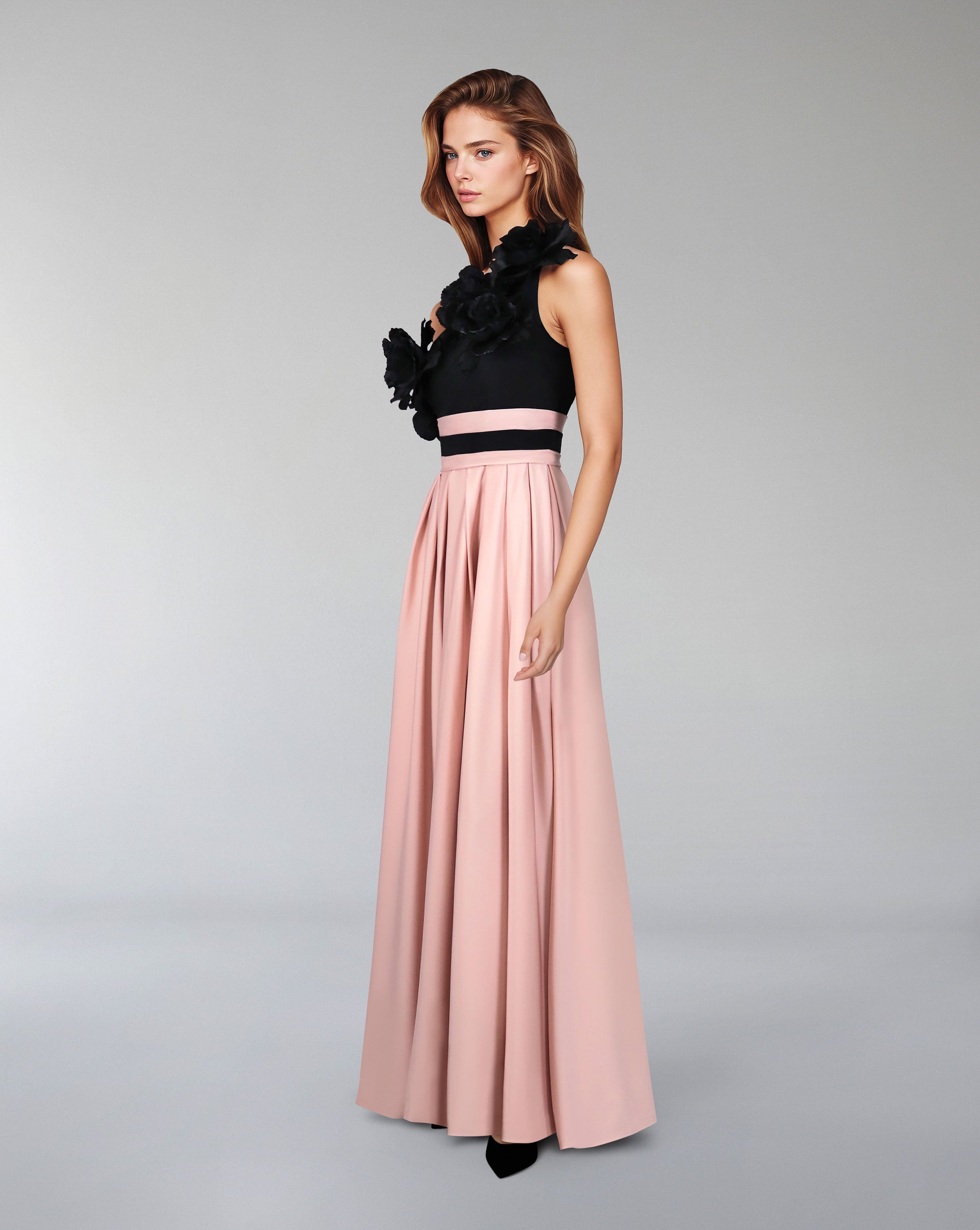 Shoulder off bicolour dress with 3D flowers - MALLEN