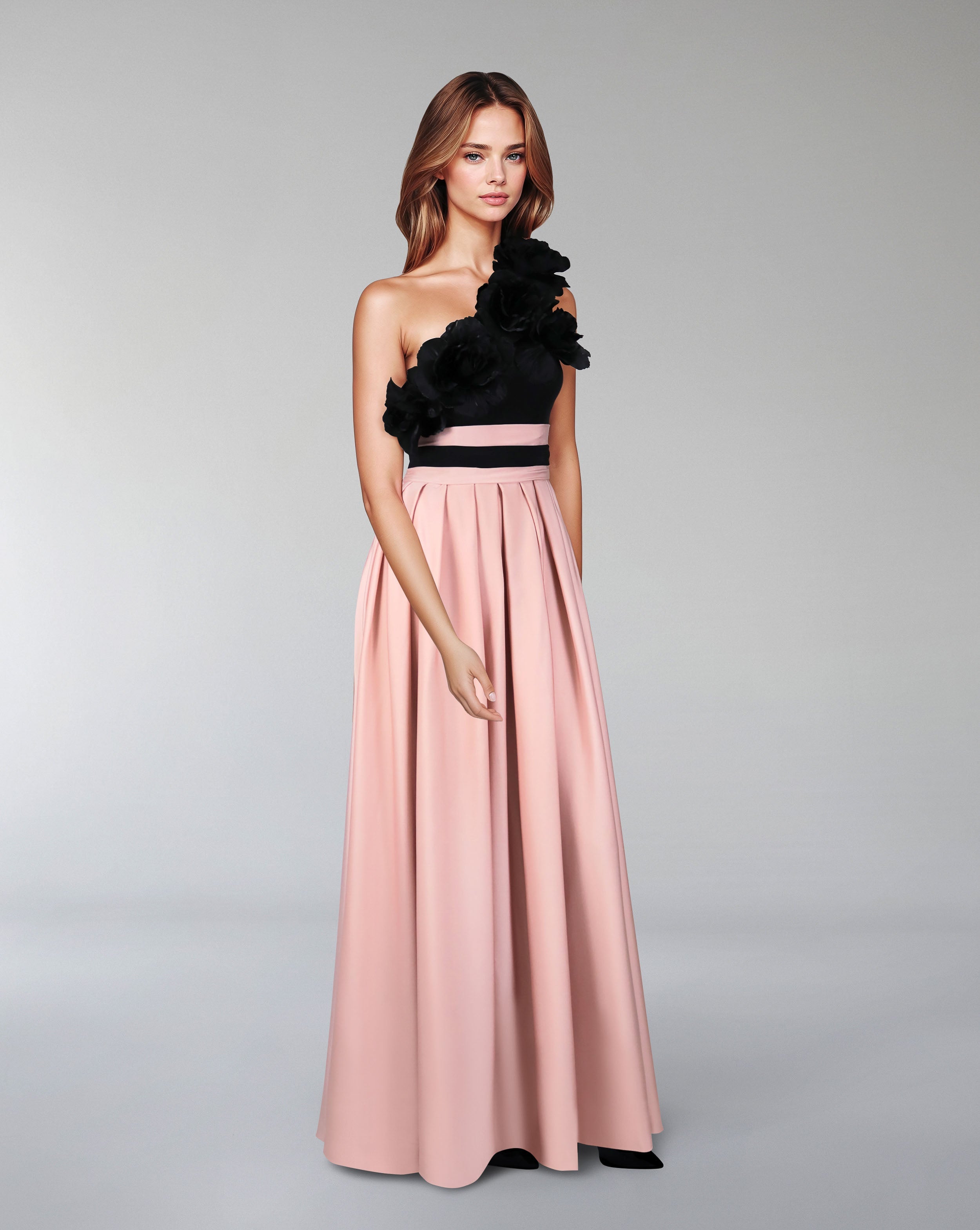 Shoulder off bicolour dress with 3D flowers - MALLEN