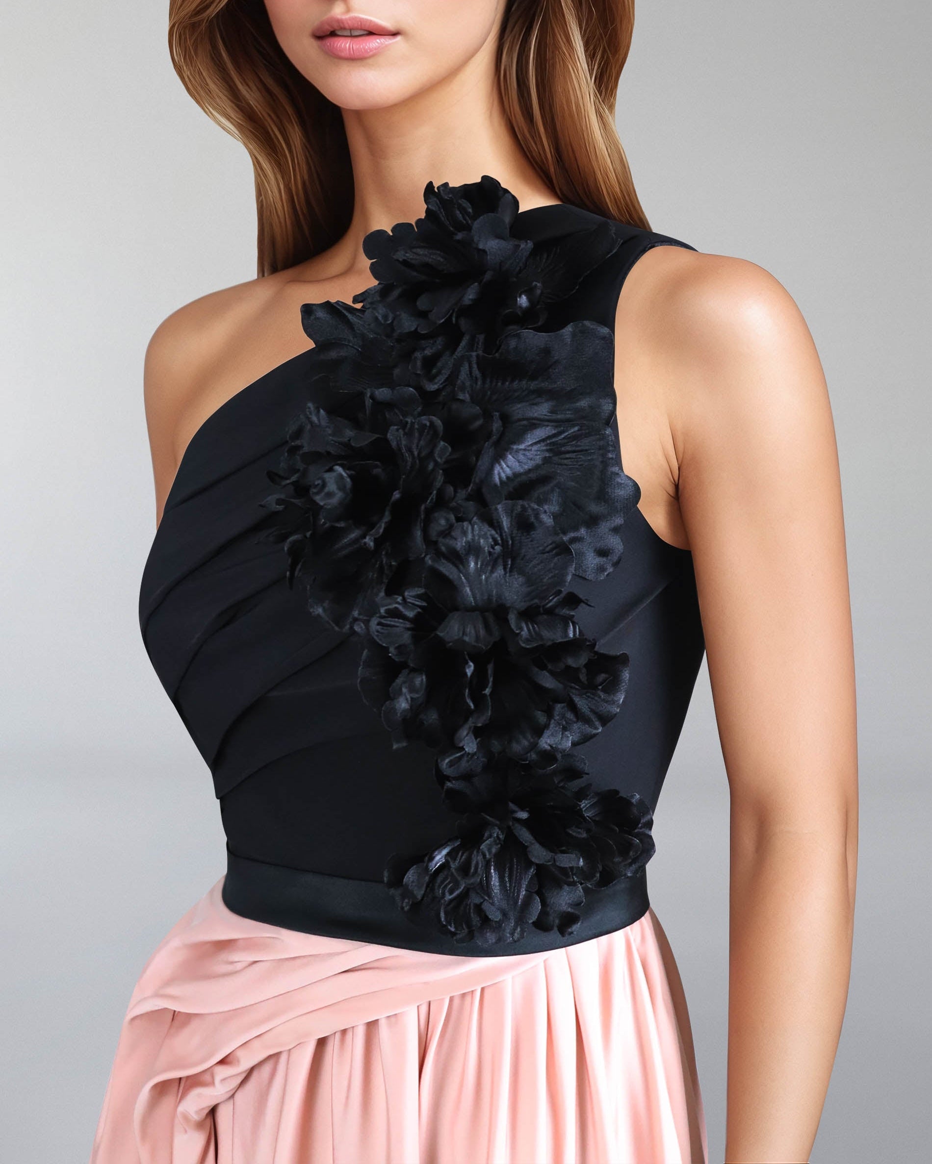 Shoulder off flowered dress with draped skirt