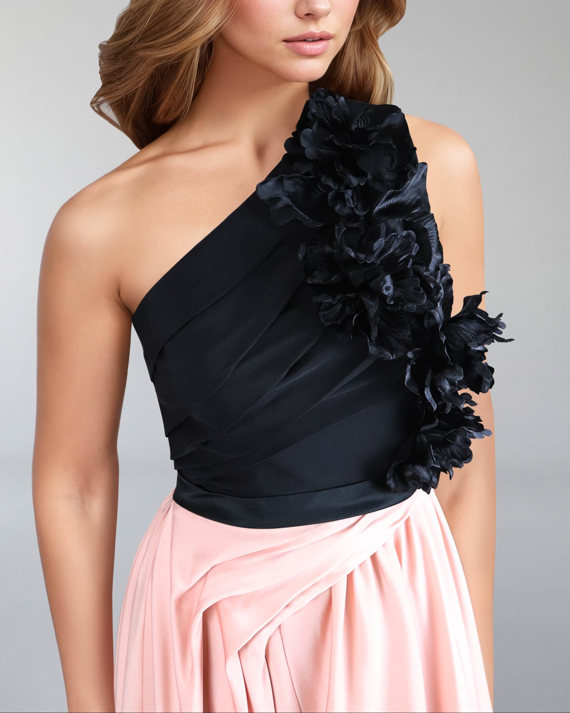 Shoulder off flowered dress with draped skirt