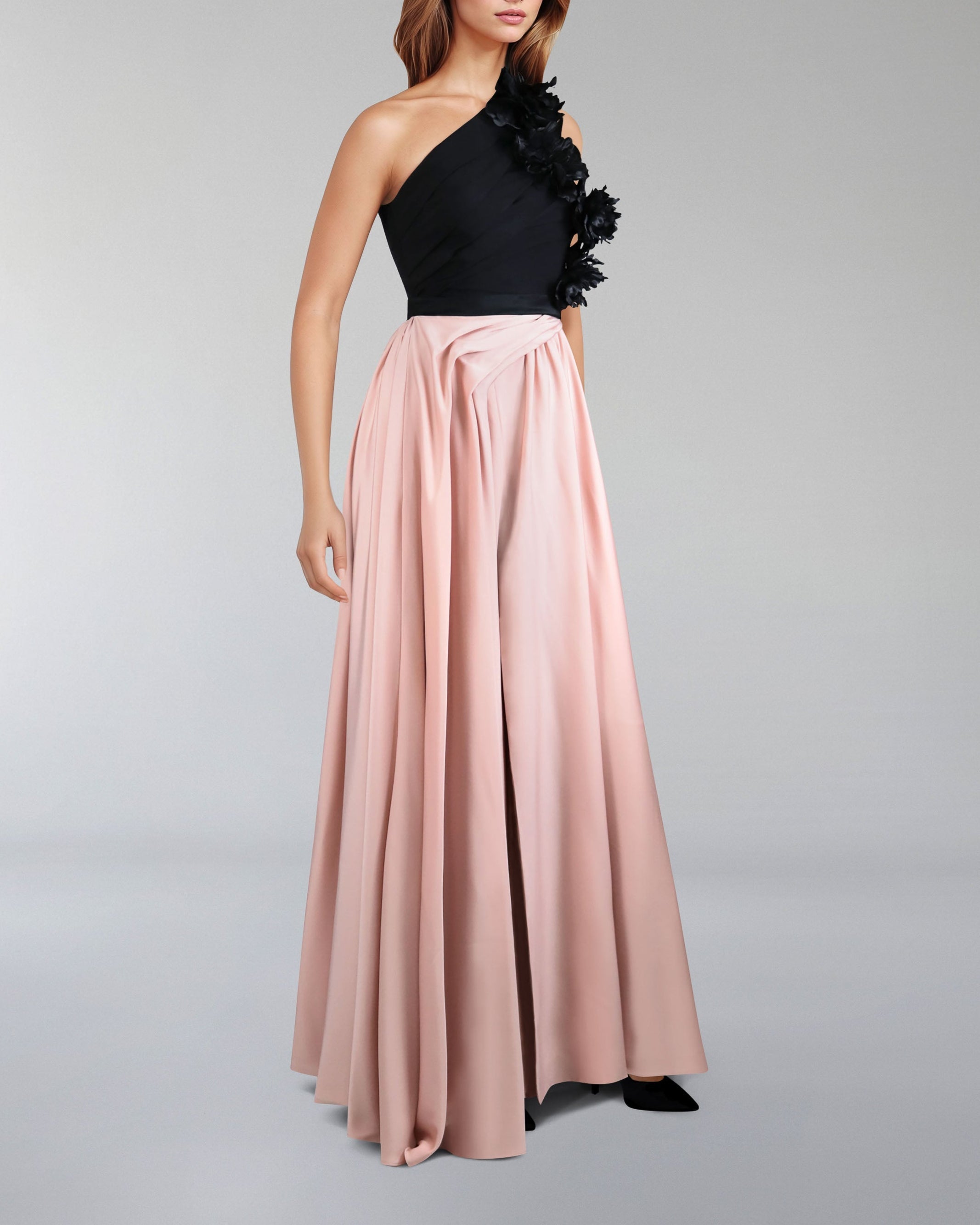 Shoulder off flowered dress with draped skirt