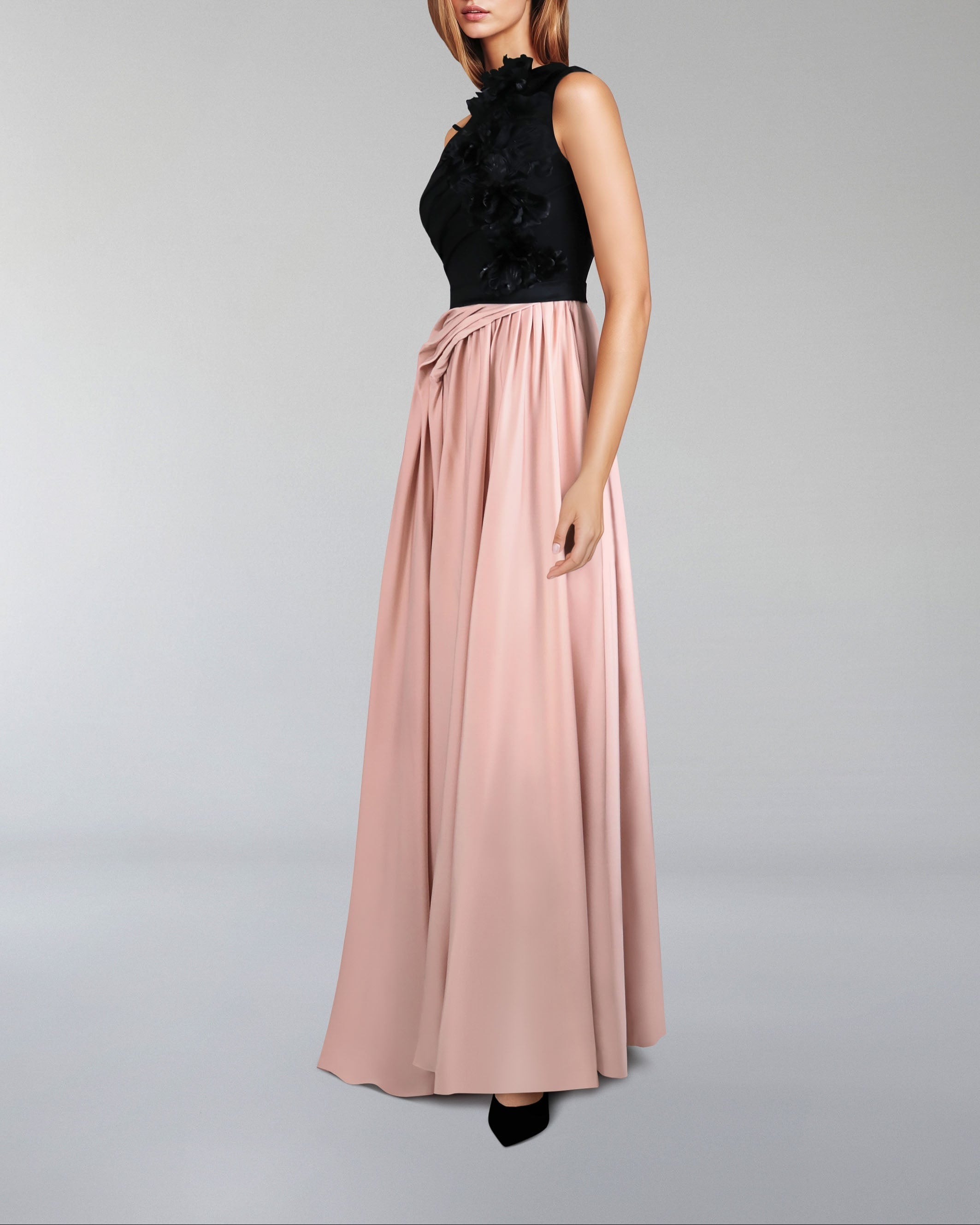 Shoulder off flowered dress with draped skirt