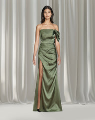 strapless satin dress with side slit -Nalien