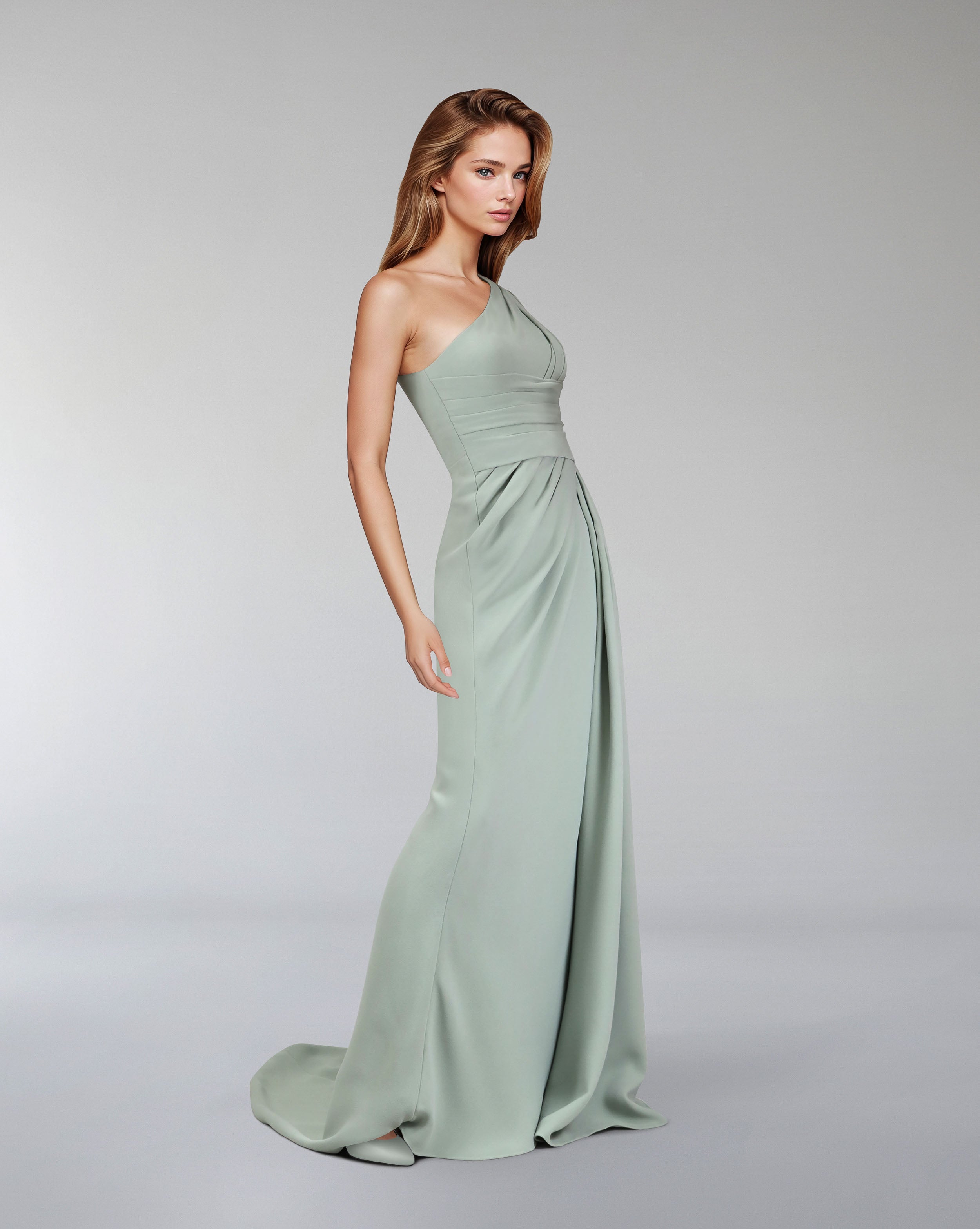 Green mint draped dress with shoulder off-Zumorrod
