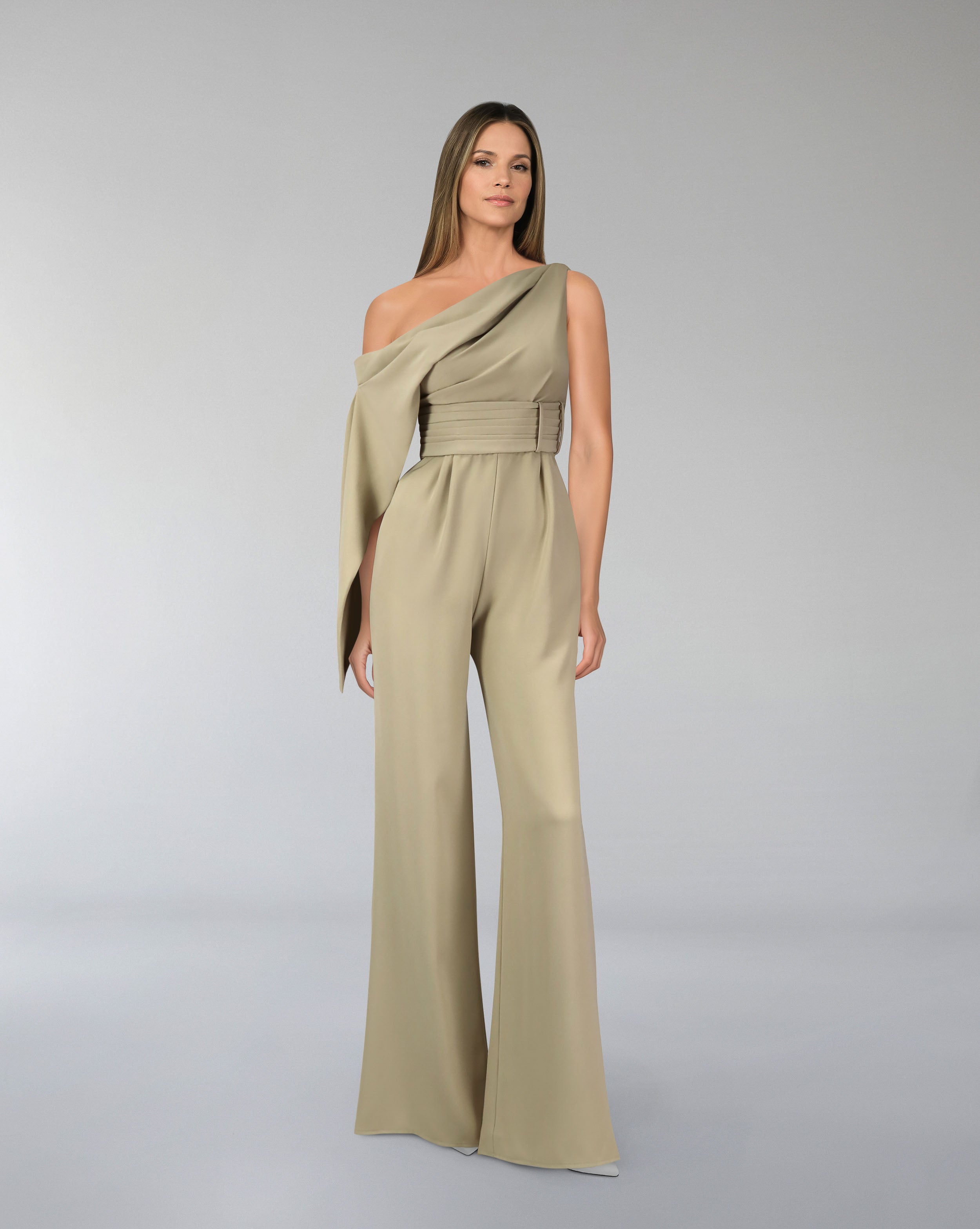 Shoulder off jumpsuit with pleated waistband