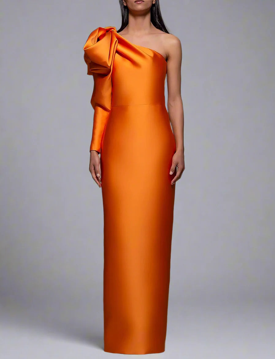 One-shoulder column dress with oversized bow – SOLARA