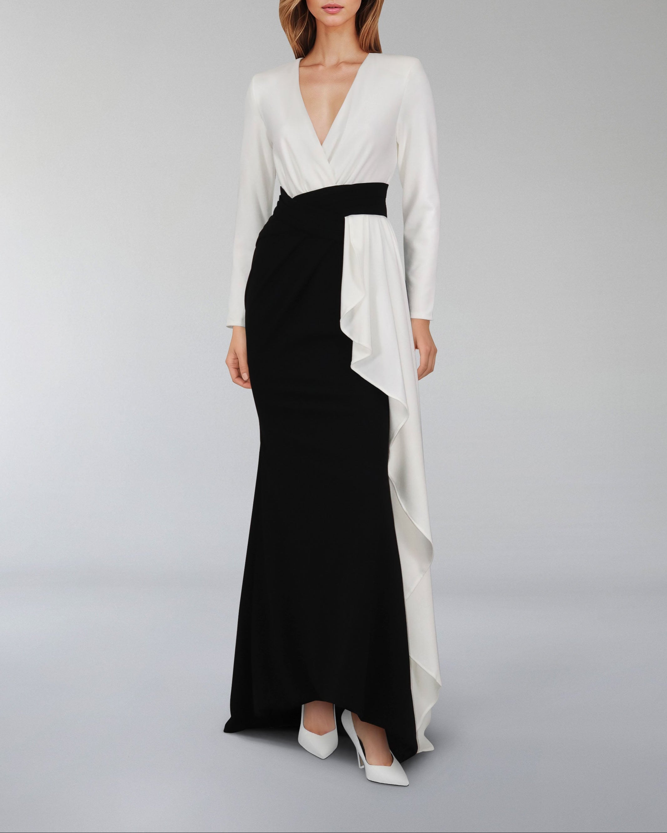 Draped V-neckline dress with ruffle-Juliah