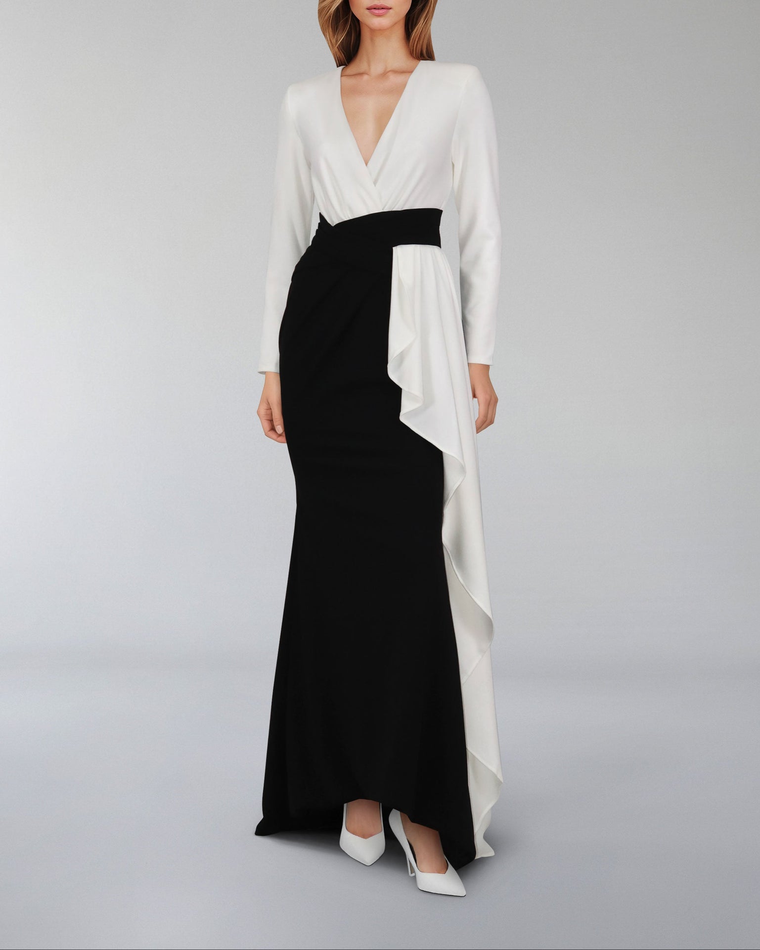 Draped V-neckline dress with ruffle-Juliah
