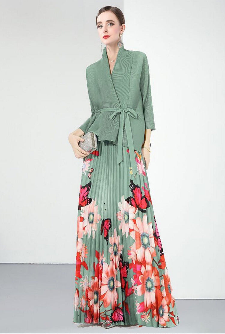 long-sleeve floral pleated dress with belted cardigan - SOLEINE