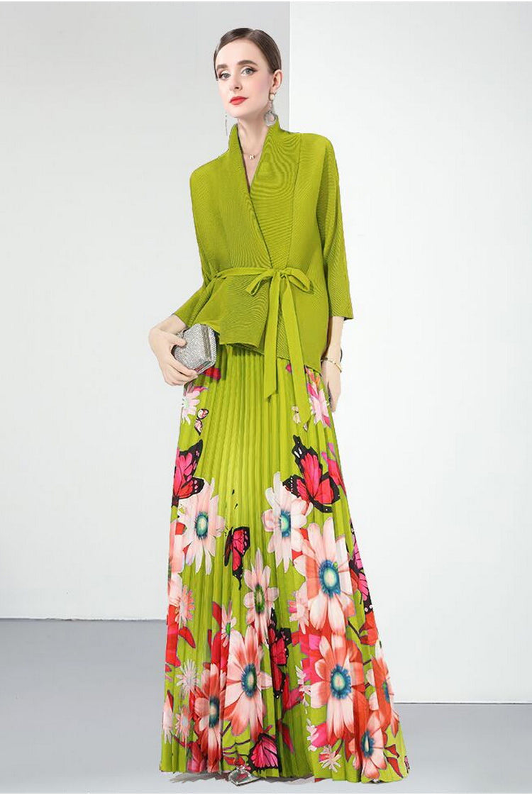 long-sleeve floral pleated dress with belted cardigan - SOLEINE