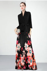 long-sleeve floral pleated dress with belted cardigan - SOLEINE