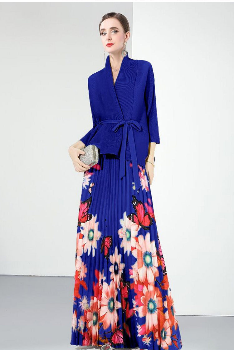 long-sleeve floral pleated dress with belted cardigan - SOLEINE