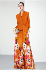 long-sleeve floral pleated dress with belted cardigan - SOLEINE