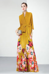 long-sleeve floral pleated dress with belted cardigan - SOLEINE