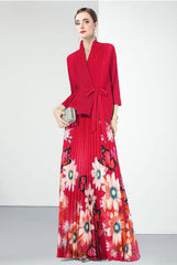 long-sleeve floral pleated dress with belted cardigan - SOLEINE