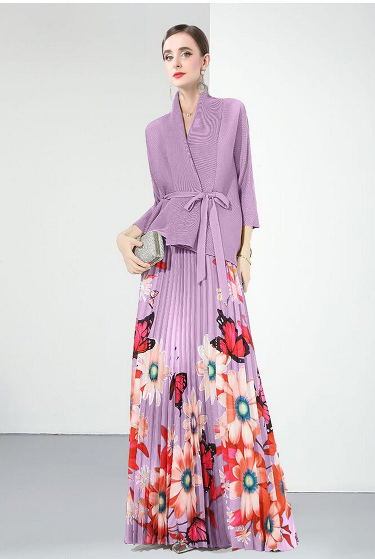 long-sleeve floral pleated dress with belted cardigan - SOLEINE