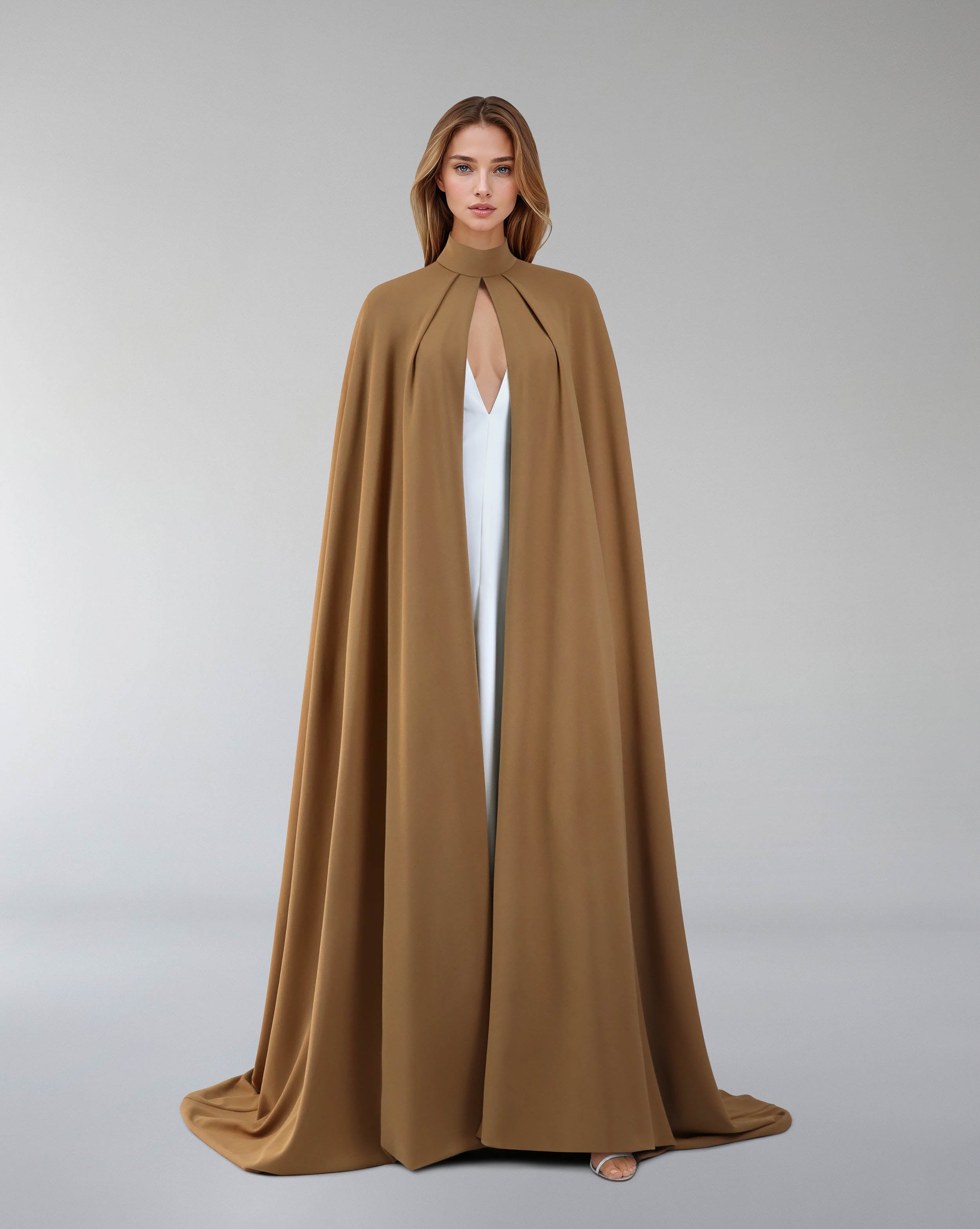 Hearted neckline dress with maxi cape-Sulaaf