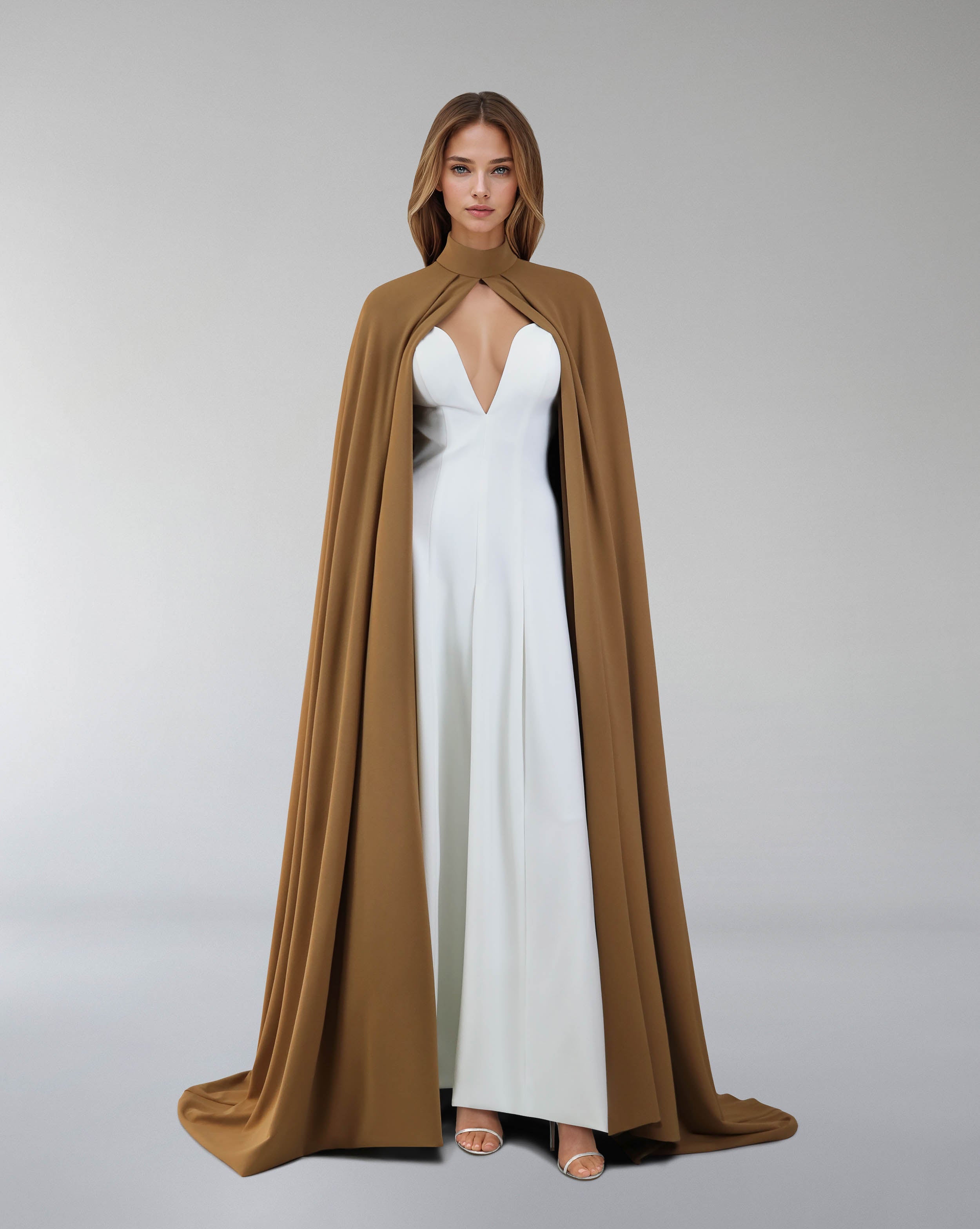 Hearted neckline dress with maxi cape-Sulaaf