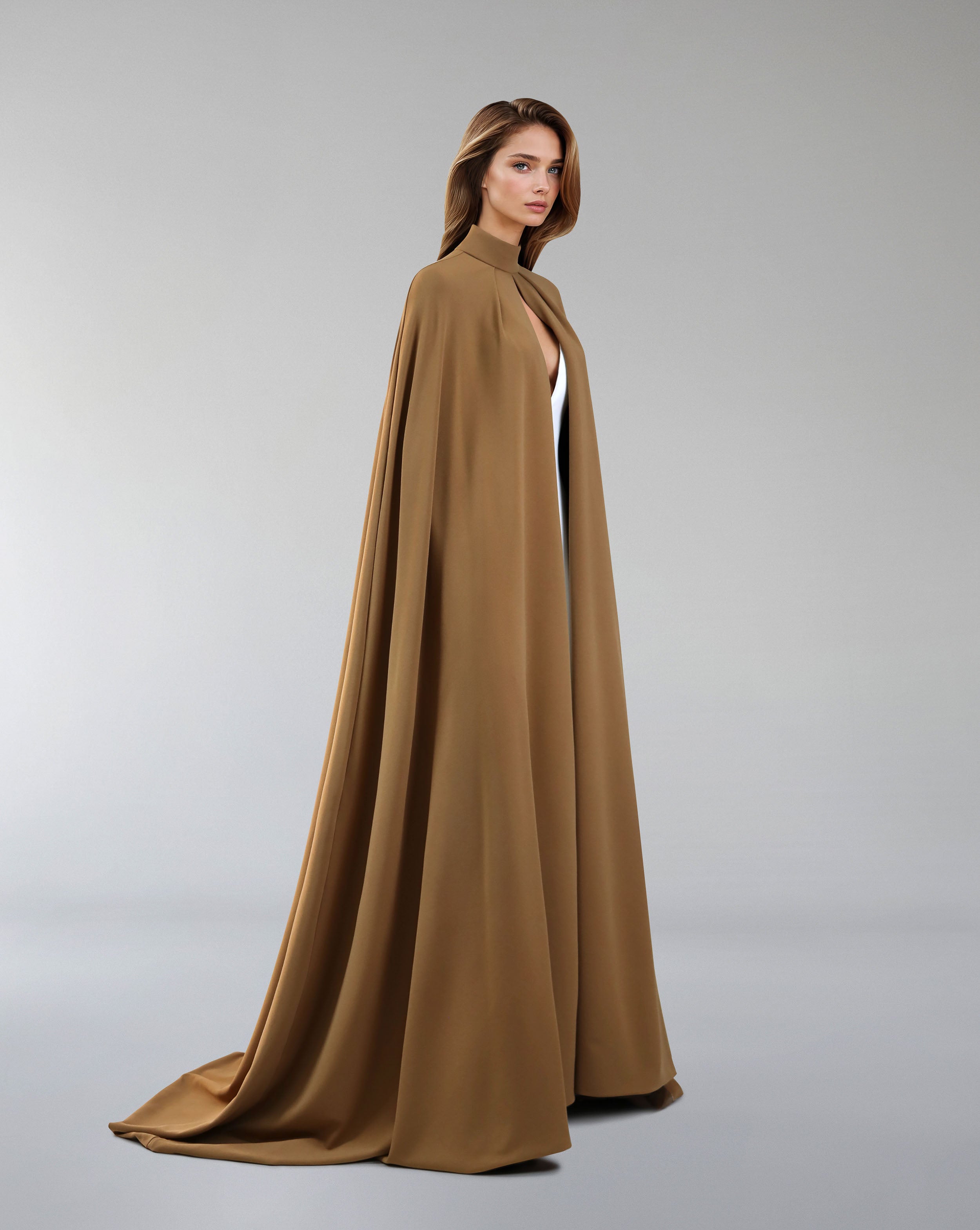 Hearted neckline dress with maxi cape-Sulaaf
