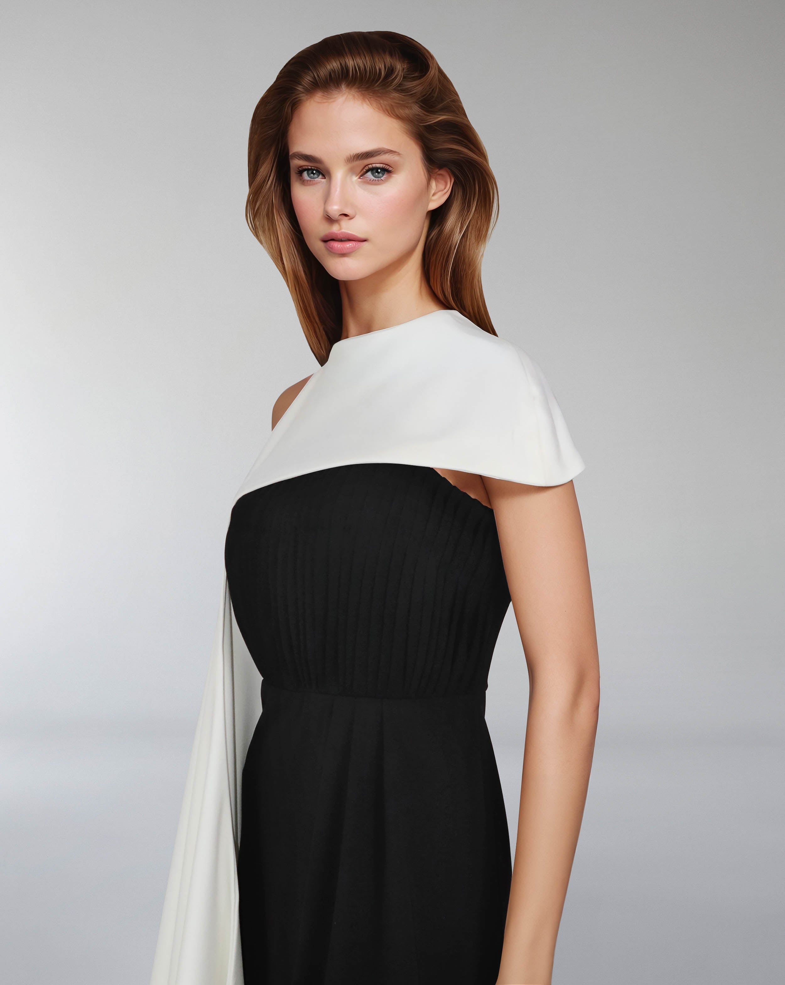Pleated column dress with asymmetrical cape - VOREN