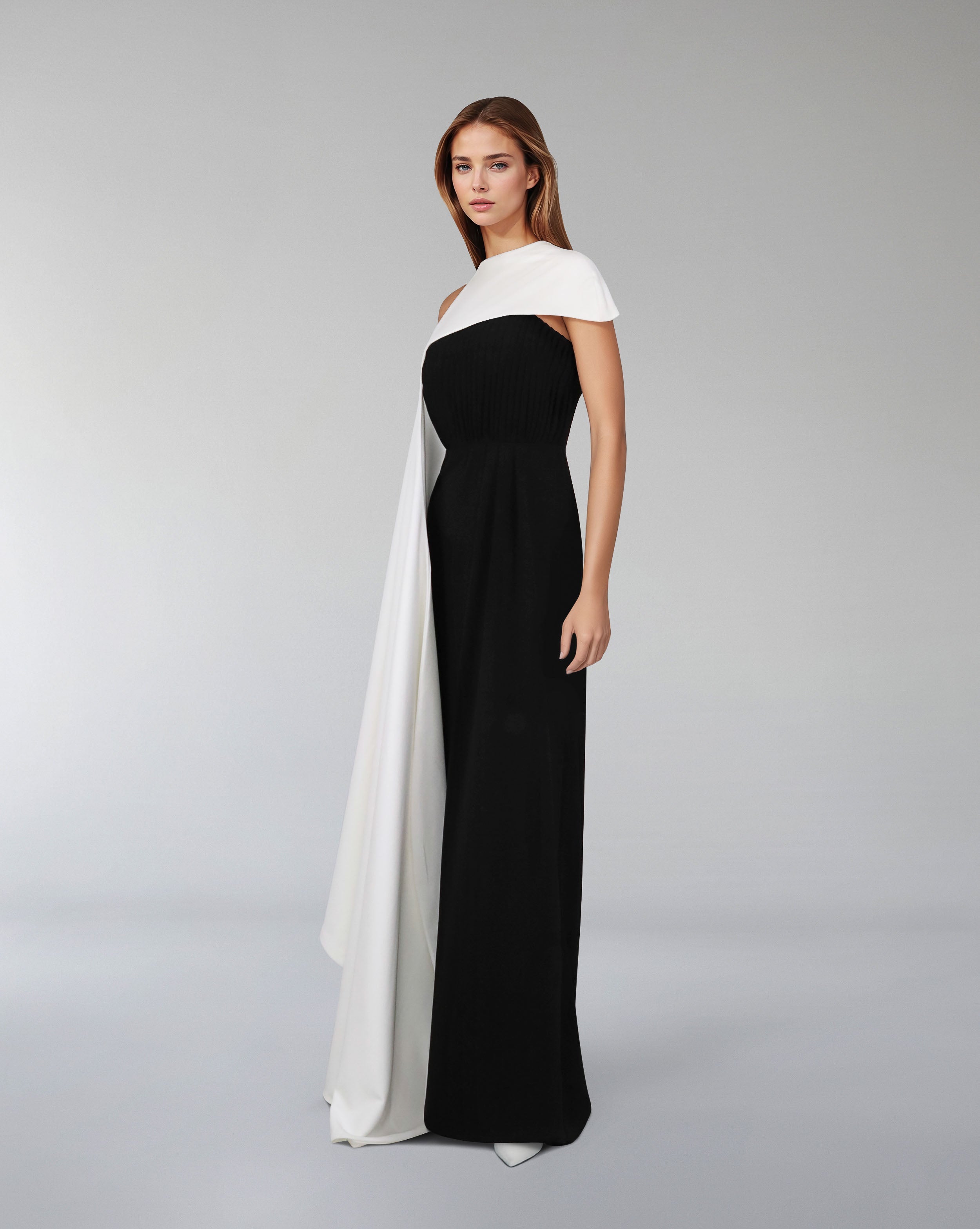 Pleated column dress with asymmetrical cape - VOREN