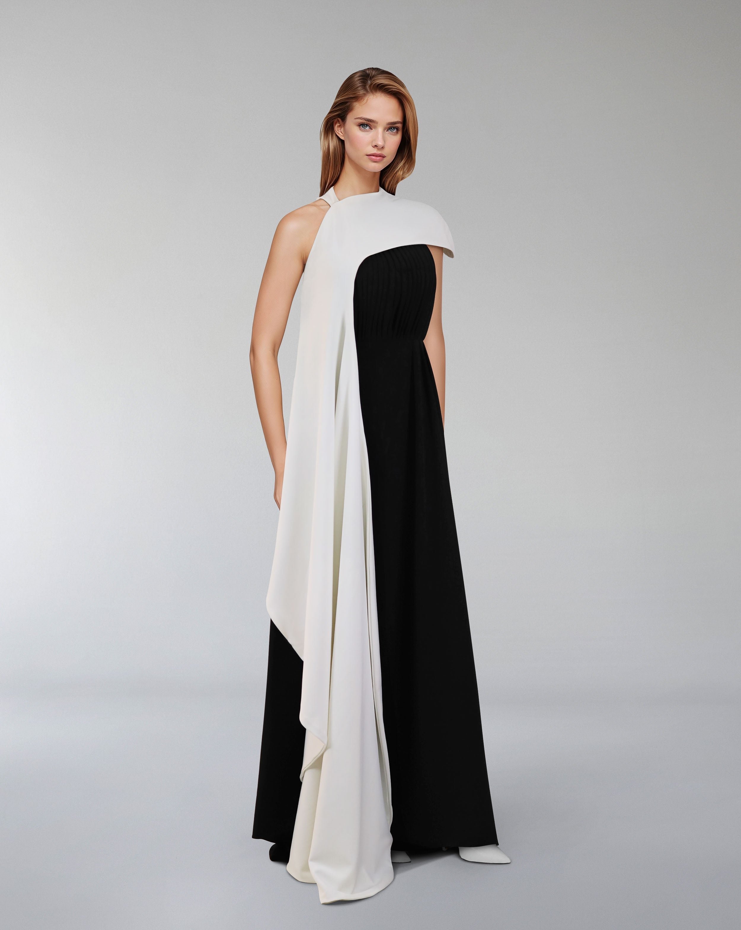 Pleated column dress with asymmetrical cape - VOREN