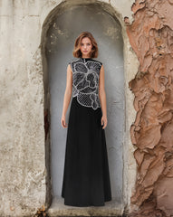 Sleeveless dress with silver floral beads embroidery - looman