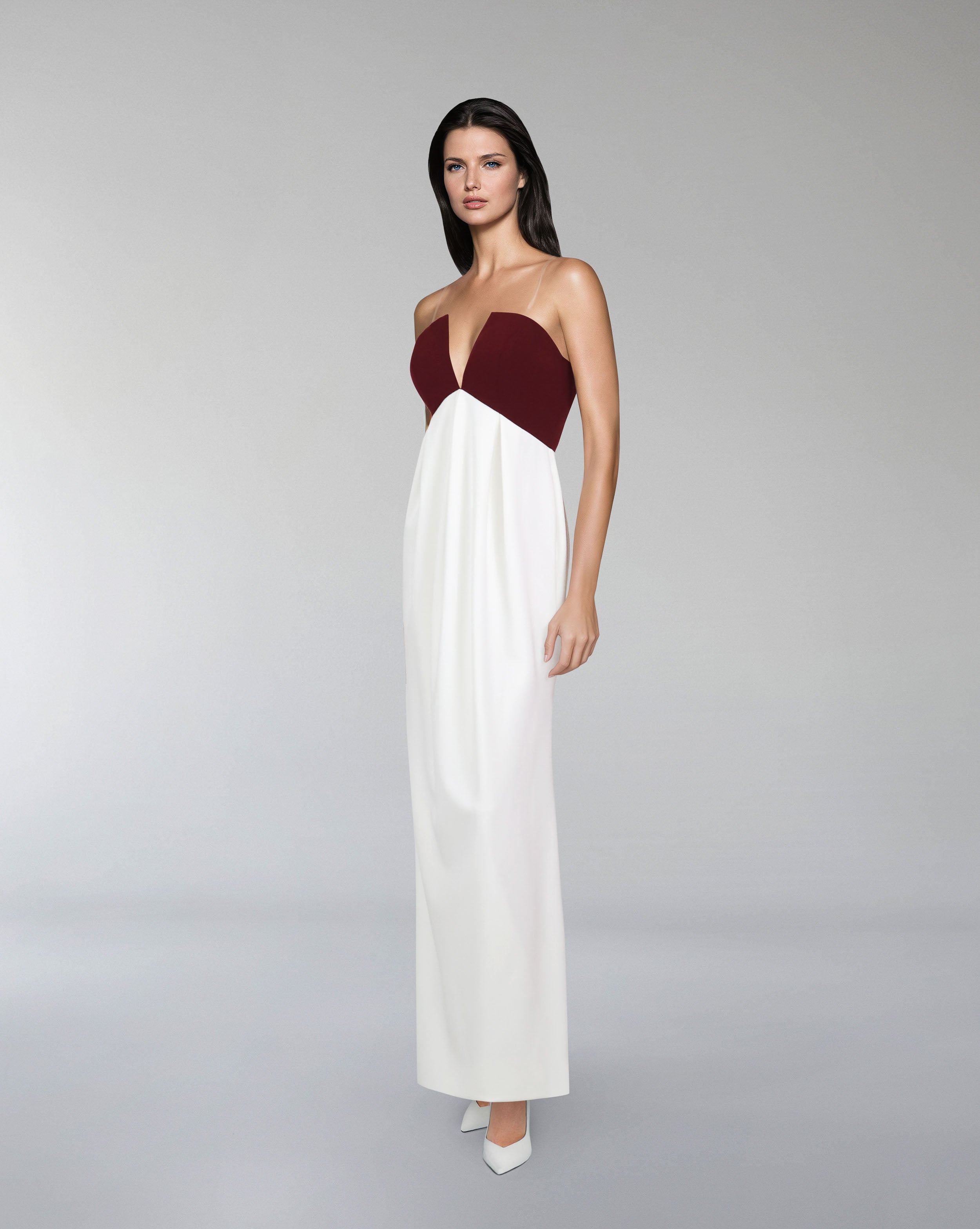 V neckline column dress with maxi cape