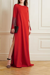 Beaded fringe-sleeve gown with side slit – Lorma