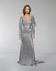 Sequined V-neckline dress with train - SAGE