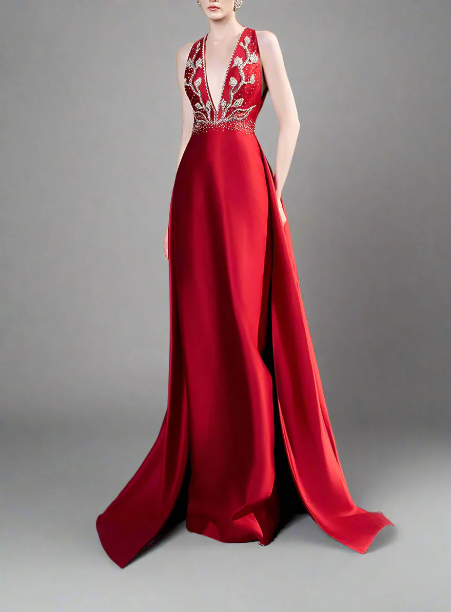 Plunging Halter Gown with Embellished Bodice - Susan