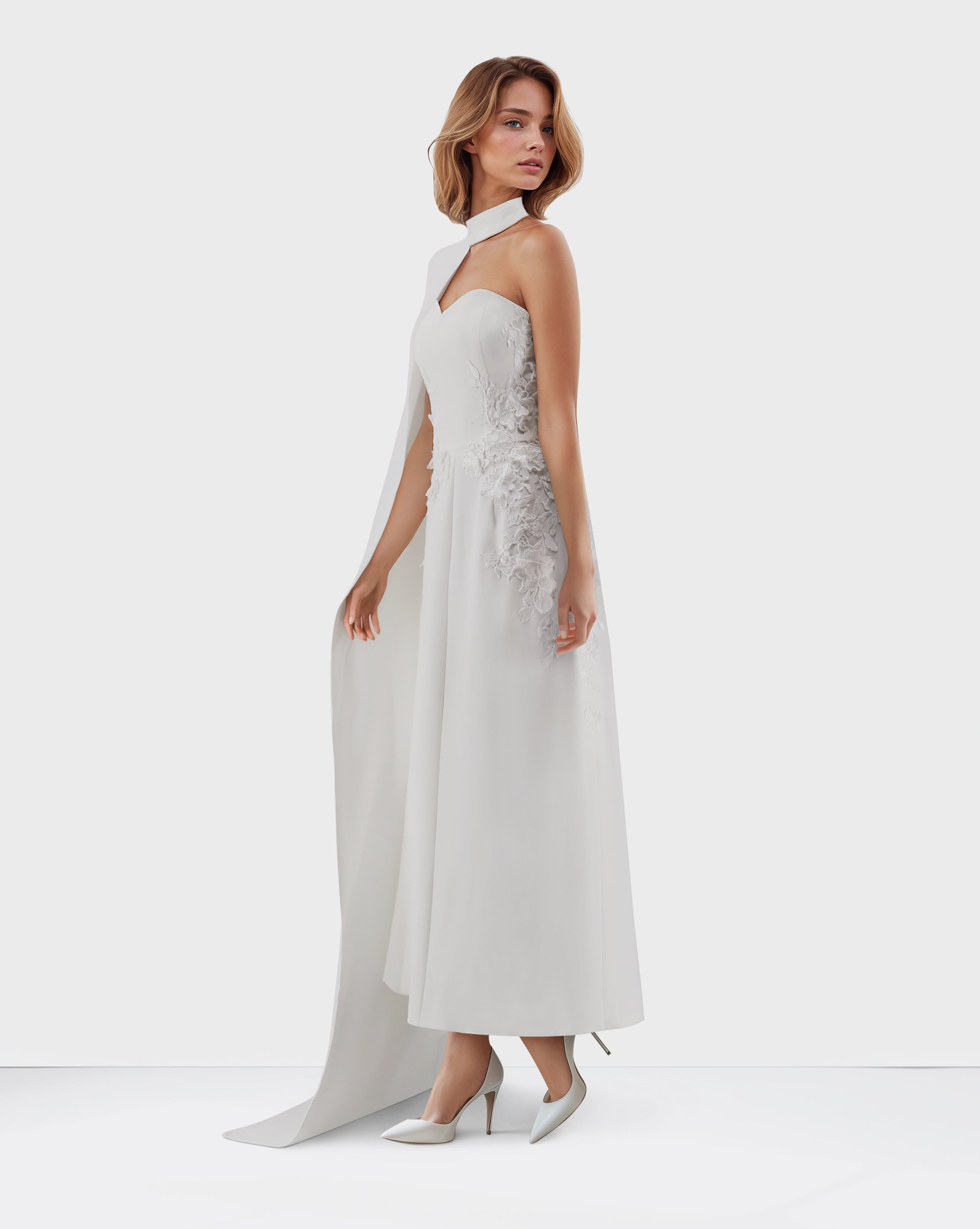 Strapless a line dress with one shoulder cape - Norjen