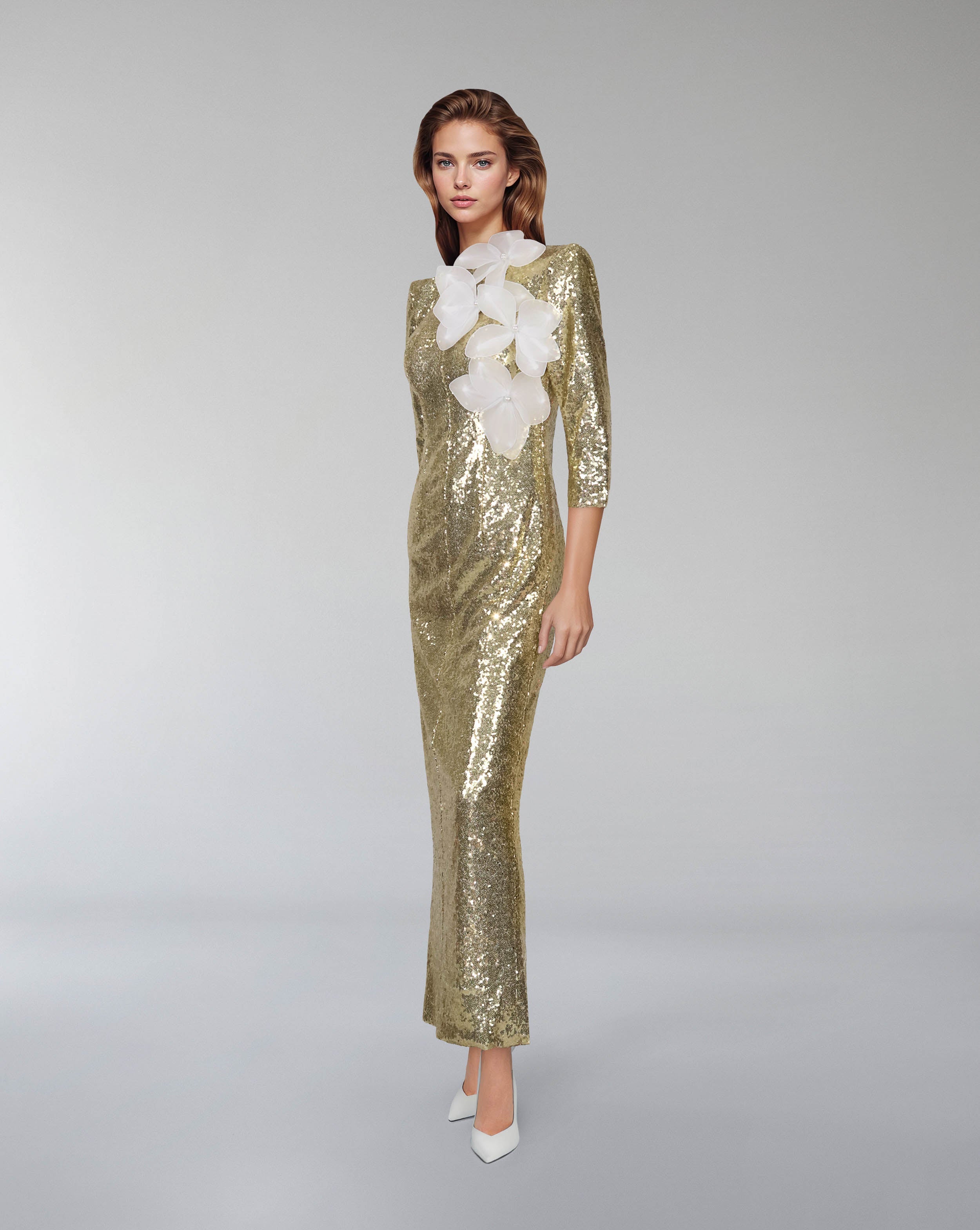 Sequined dress with 3D flowers and shoulder pads - SERAPHINE