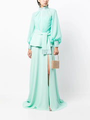 crystal-cuff silk gown with waist tie – Nolee