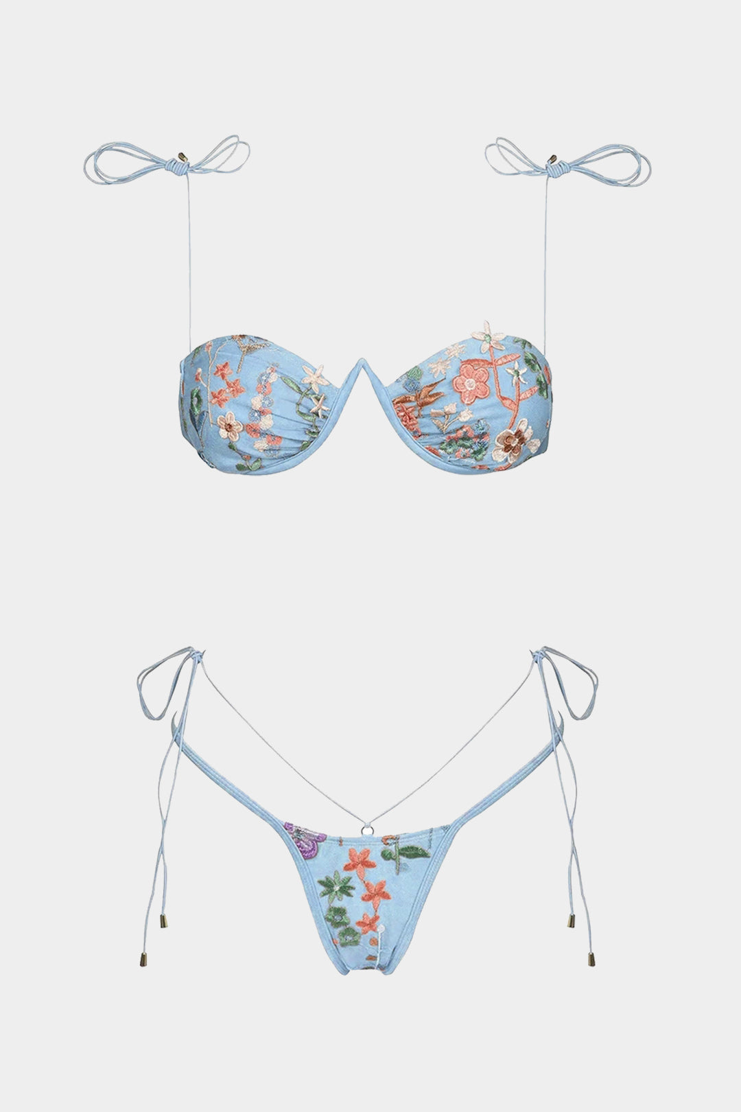 Mesh Embroidery Ruched Tie Up Bikini Set