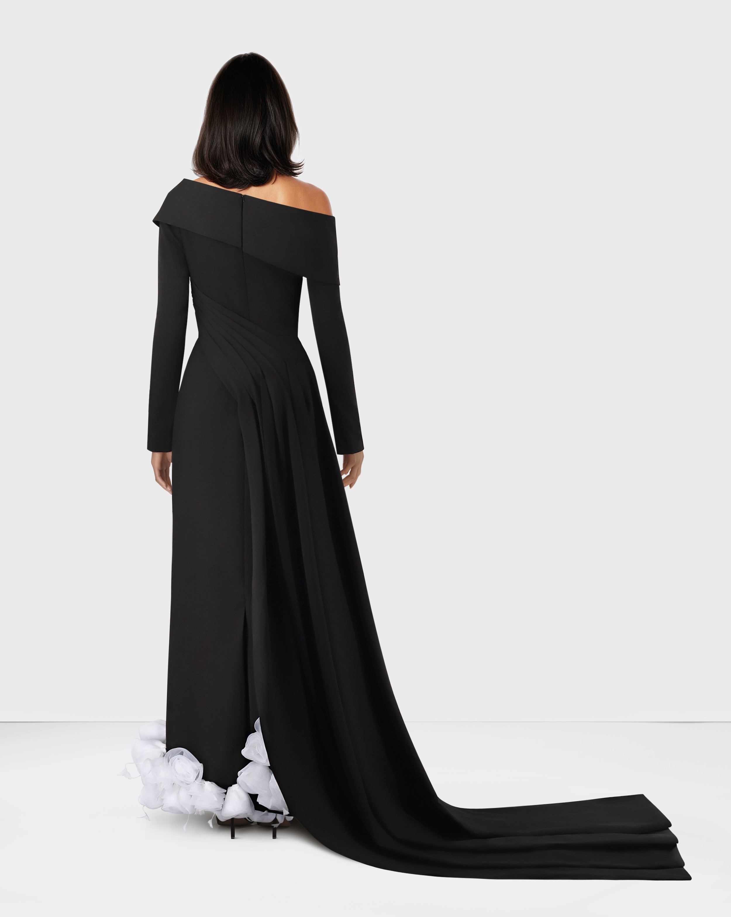 Long sleeved dress with asymmetrical shoulder and 3D flowers - Lonim