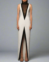 Sleeveless column dress with sheer panel and contrast trim – SULAG