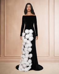 Shoulder-off column dress with 3D flowers and a train